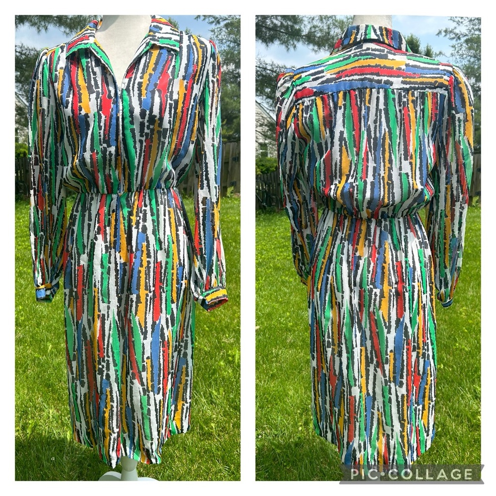Vintage 70s Helga Rainbow Primary Color Zip Front Puff Sleeve Secretary Dress S